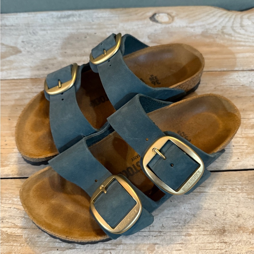 Birkenstock dark teal Arizona Sandals with gold Buckles